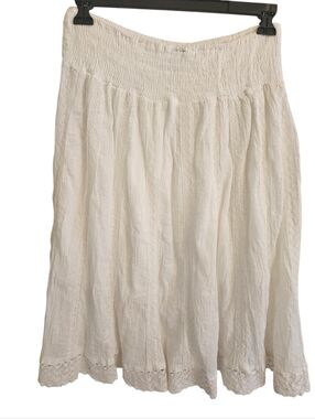 Cute Options 100% Cotton White Smocked Waist Midi Skirt Lace Crochet Sz M (To L)
